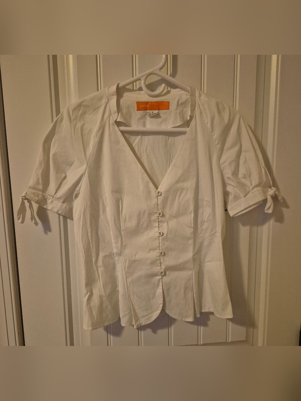 Cynthia Steffe White Short Sleeve Cinch Waist Blouse
